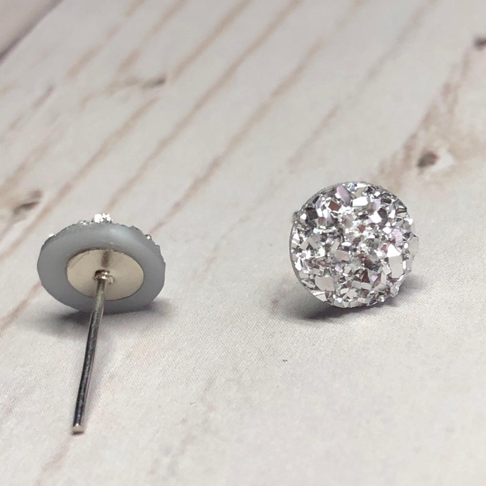Silver Faux Druzy 8mm Post Back Stud Earrings! - Picture 5 of 16